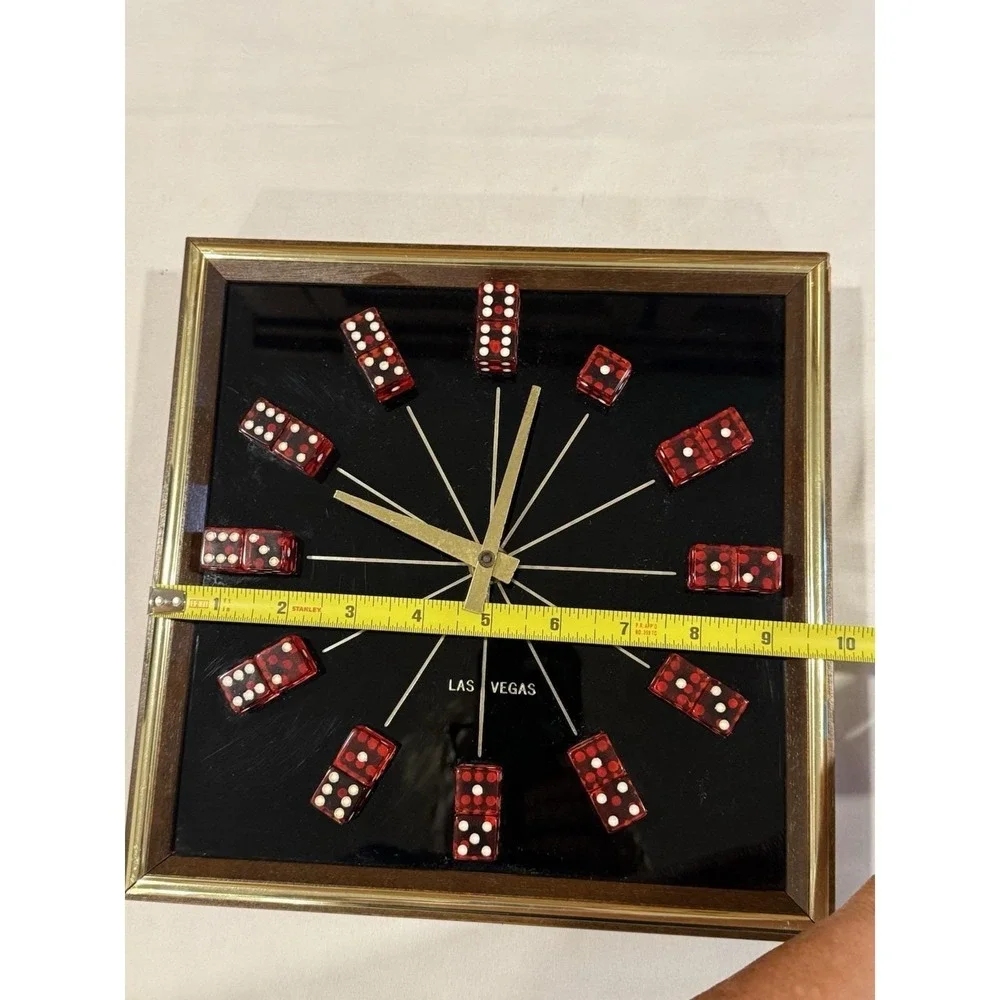 VTG Las Vegas Dice Wall Clock Red Lucite Casino Decor Retro Wood Case